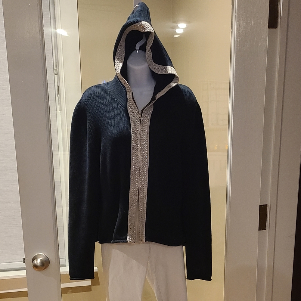 Boston Proper navy and silver zip up hoodie sweater